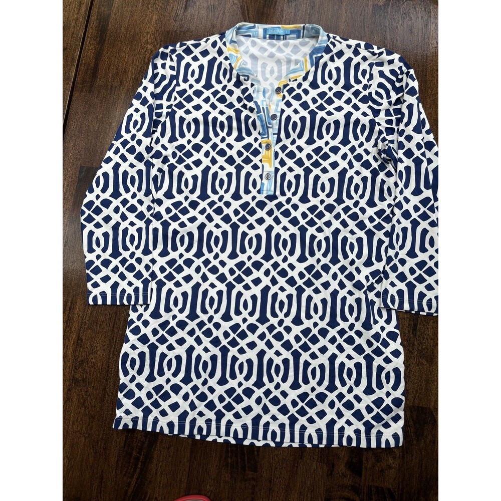 J. McLaughlin Women's Blue/White Geometric Knit V-Neck Tunic S Stretch